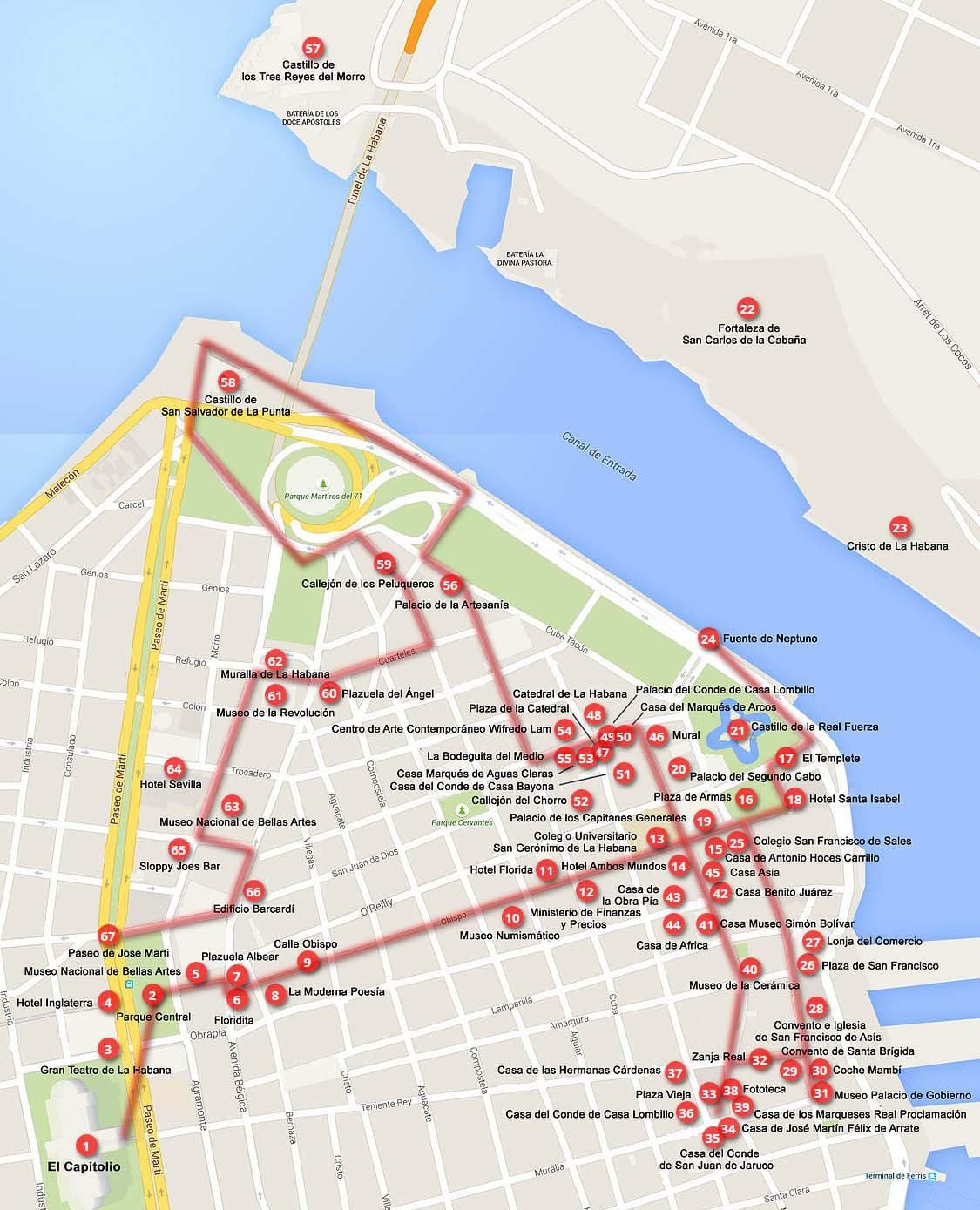 χάρτης της Αβάνας walking tour